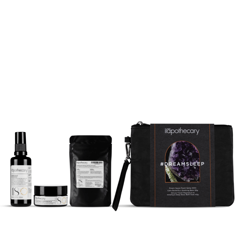 Dream Sleep Clutch includes dream space room spray 50ml, calm butterfly's soothing balm 50g and magnesium and amethyst deep relax bath soak 40g.