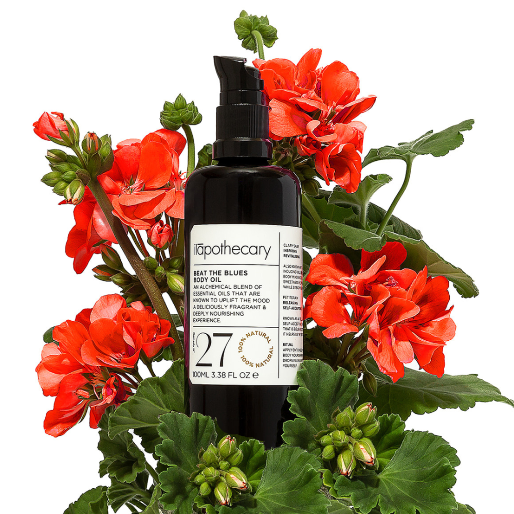 Beat the Blues Body Oil with rose geranium as the ingredient