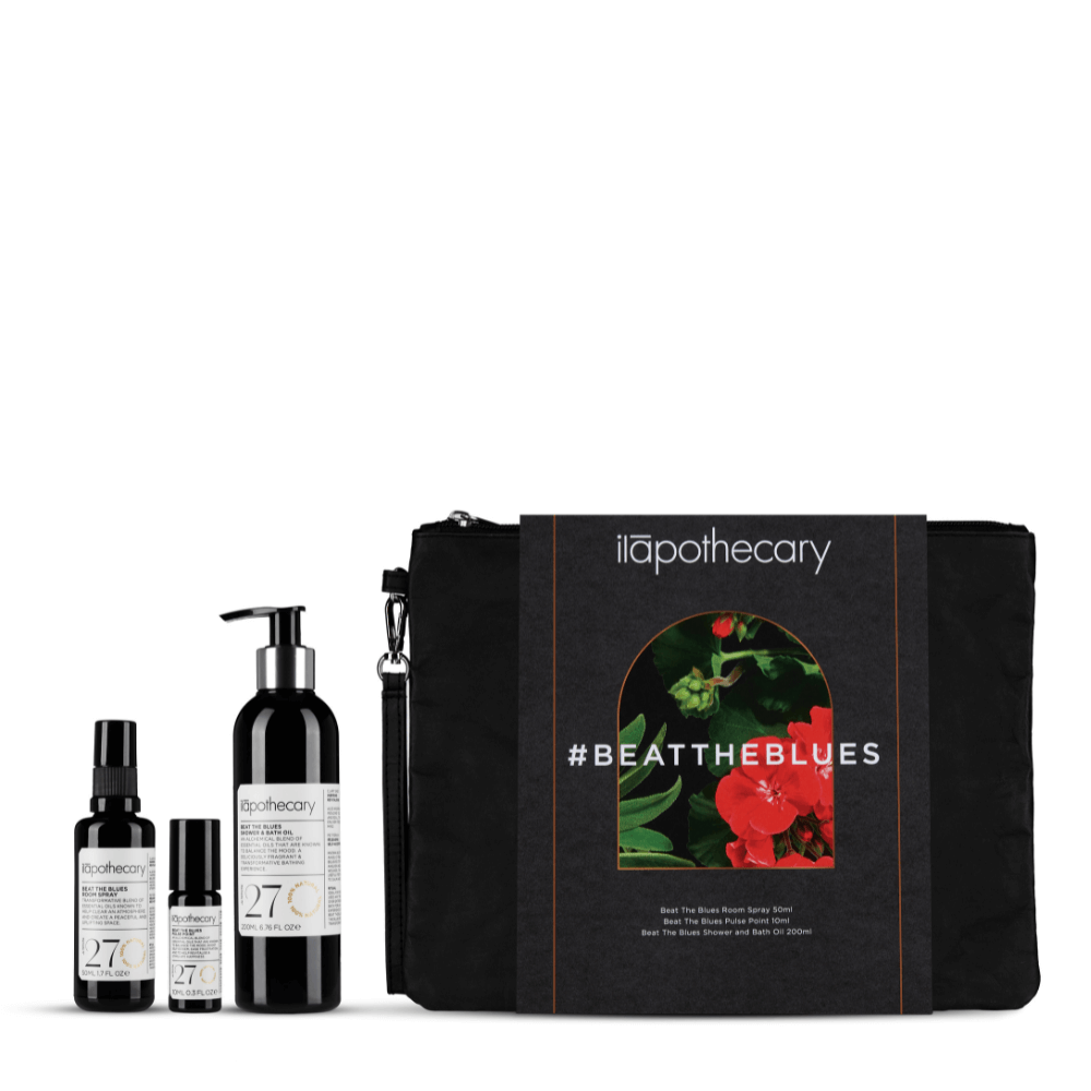Beat the Blues Clutch includes Beat the Blues Shower & Bath Oil, Beat the Blues Room Spray and Beat the Blues Pulse Point