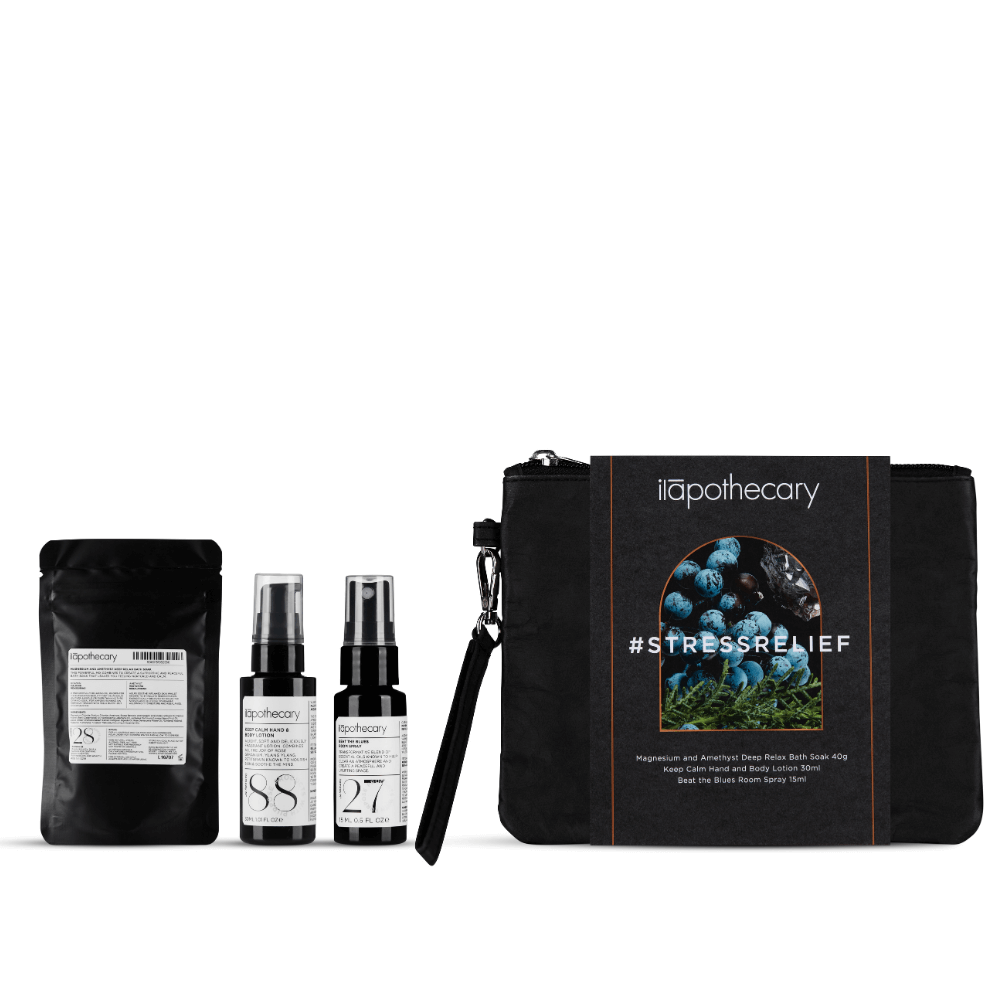 Stress Relief Clutch Includes magnesium and amethyst deep relax bath soak 40g, keep calm hand and body lotion 30ml and beat the blues room spray 15ml