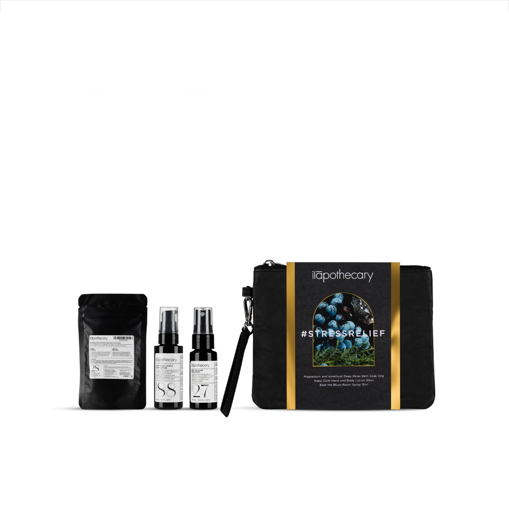 Stress Relief Clutch Includes magnesium and amethyst deep relax bath soak 40g, keep calm hand and body lotion 30ml and beat the blues room spray 15ml