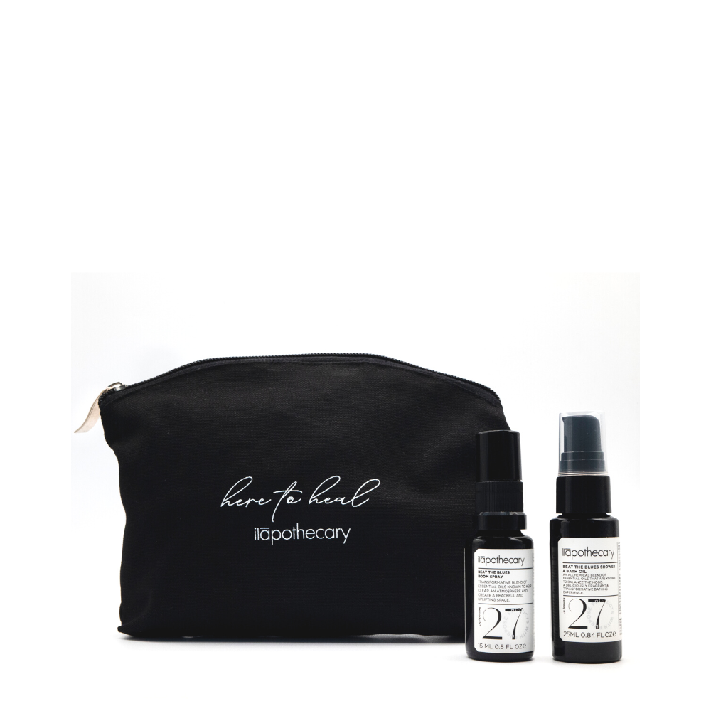Beat The Blues Pouch includes Beat the Blues Shower & Bath Oil 25ml and Beat the Blues Room Spray 15ml 