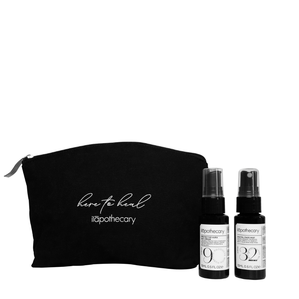 Digital Detox Pouch includes digital face mist 15ml and protective aura day cream 15ml