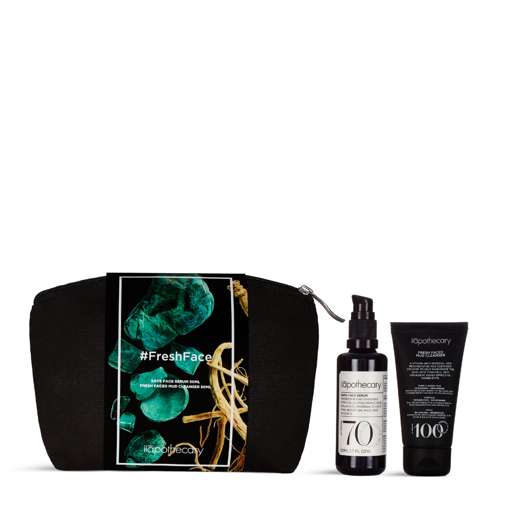 Fresh Face Pouch includes Save Face Serum and Fresh Faced Mud Cleanser 